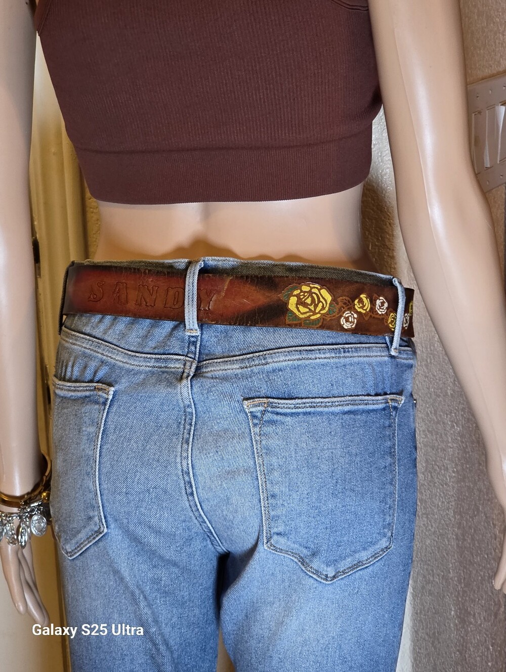 Vintage Tooled Leather Name Belt SANDY Painted Yellow Rose Western Boho - Picture 4 of 14